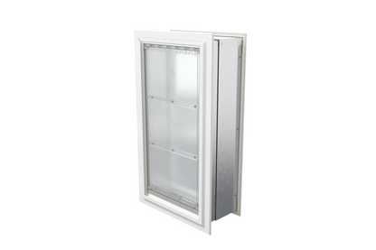 Angled view of a closed, white Endura Flap single flap wall mount pet door. Consider this high-quality endura flap pet door for your wall dog doors needs.