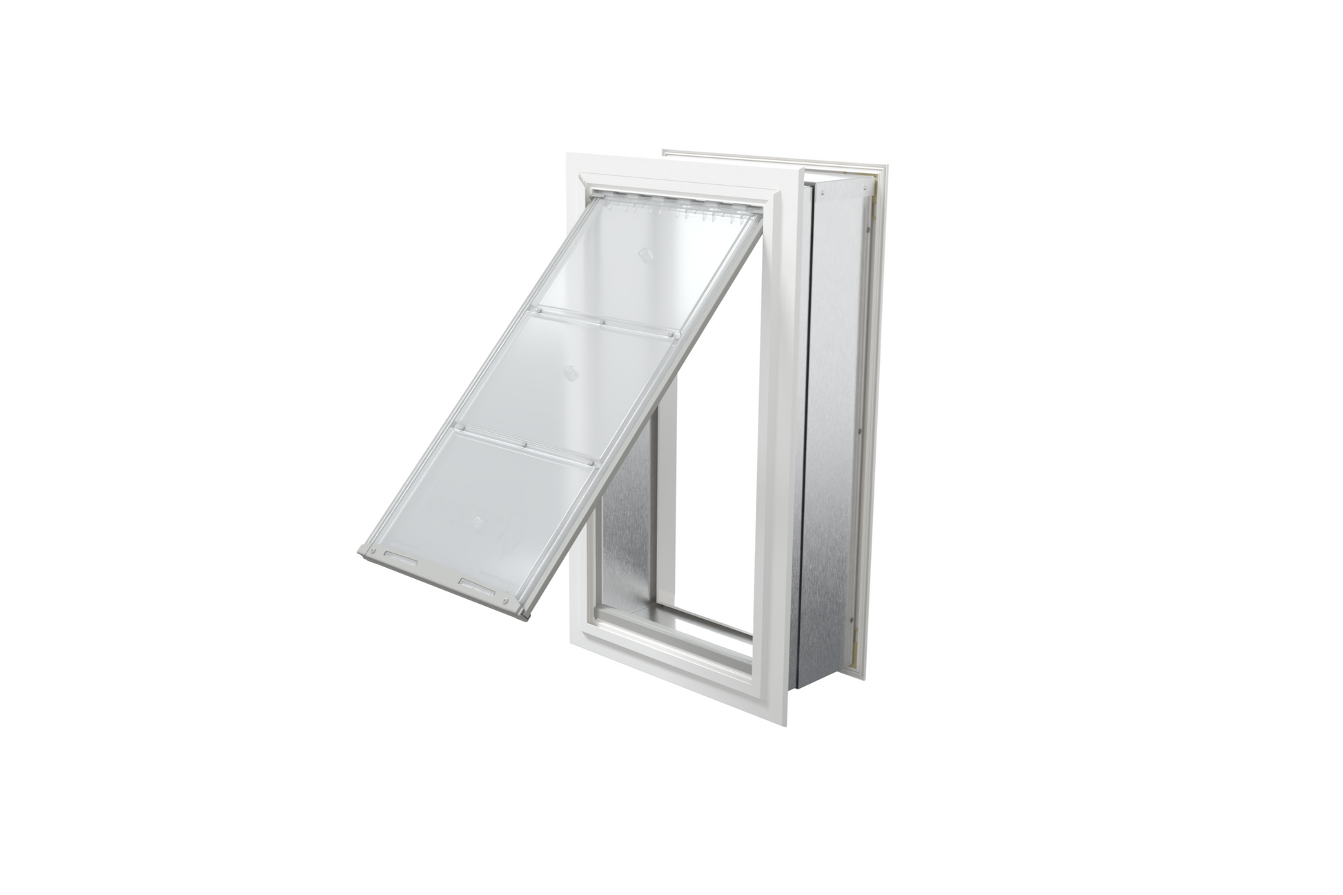 Angled view of an open, white Endura Flap single flap wall mount pet door. This easy-to-use dog door for wall is perfect for your furry friend.