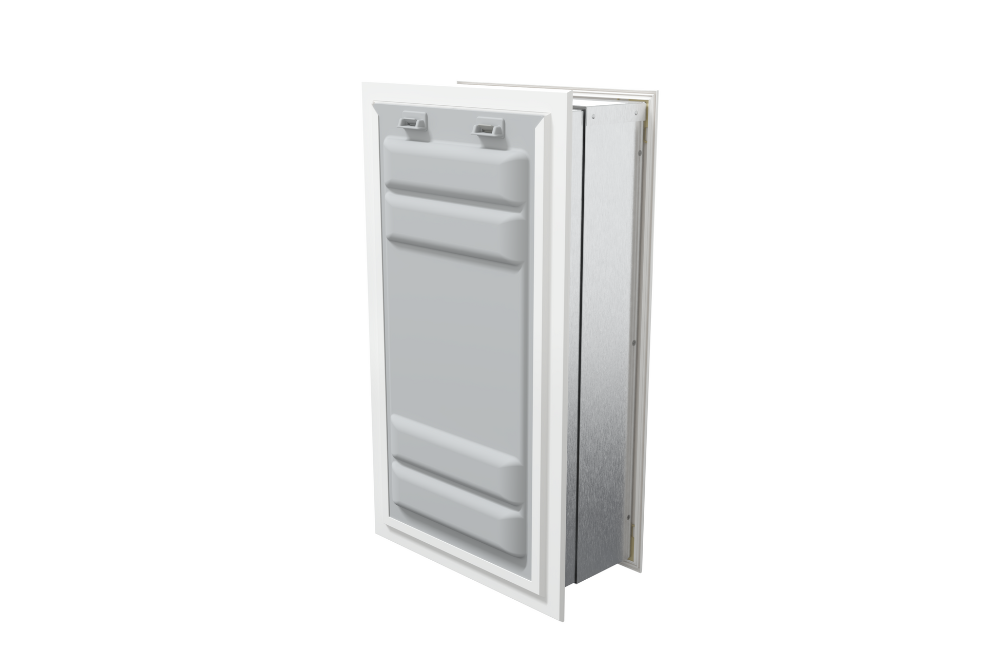 Angled view of a white endura flap pet door for wall with a locking cover. This single flap wall mount pet door offers both security and convenience.