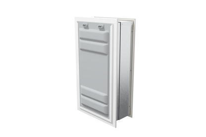 Angled view of a white endura flap pet door for wall with a locking cover. This single flap wall mount pet door offers both security and convenience.