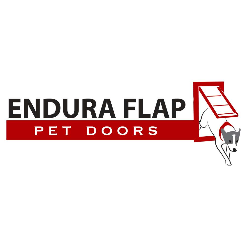 Logo for Endura Flap Pet Doors, featuring a cartoon dog exiting a red pet door.