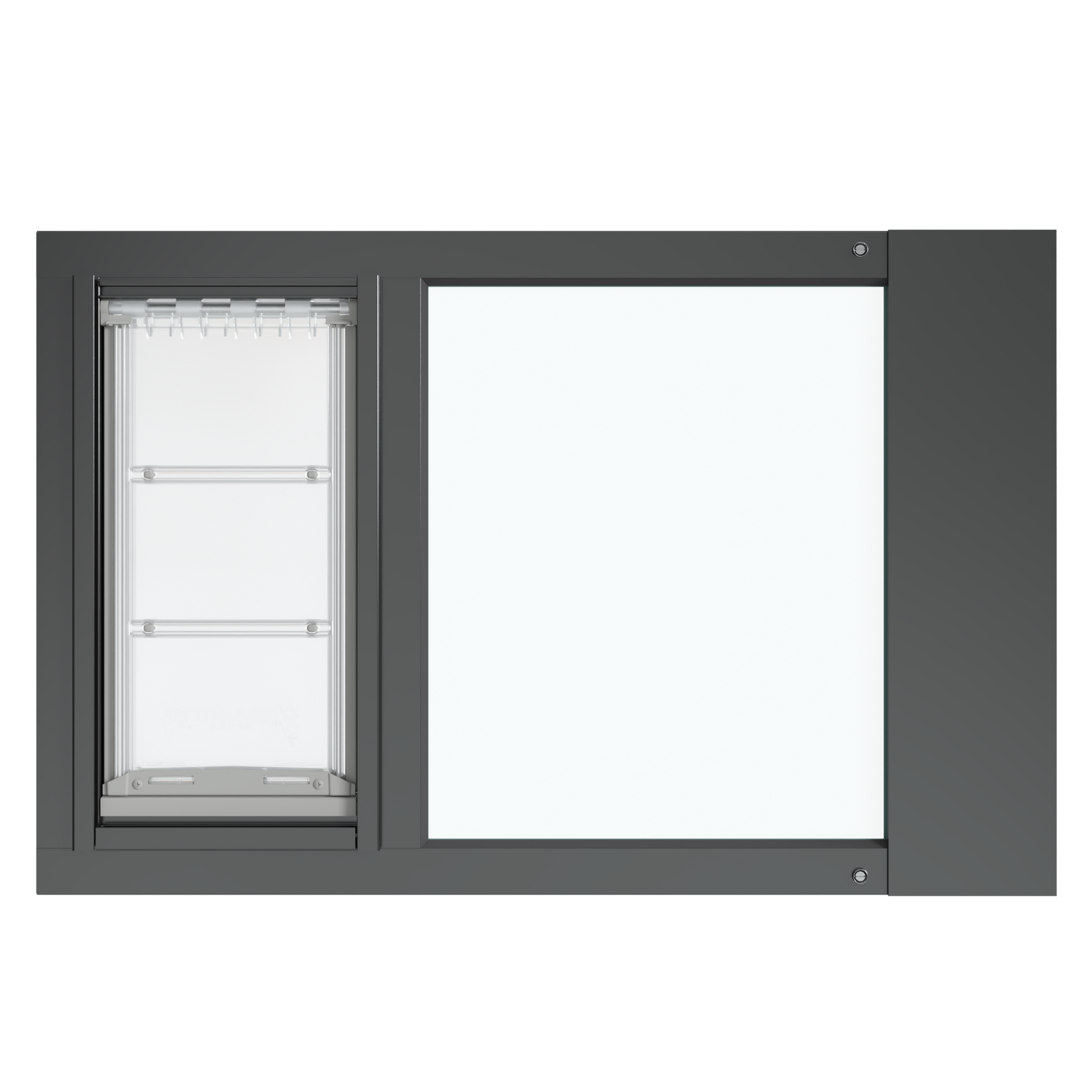 A frontal view of the black Thermo Sash 3e sash window dog door (primarily for cats) ready for installation
