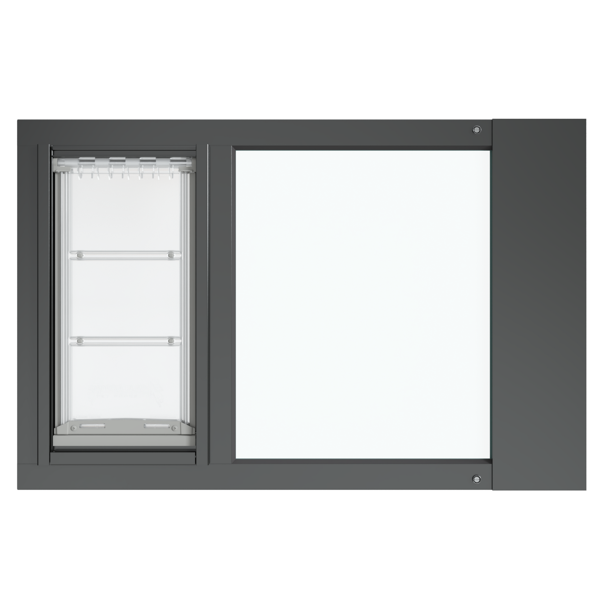 A frontal view of the black Thermo Sash 3e window doggie door (though primarily for cats) ready for installation in a sash window