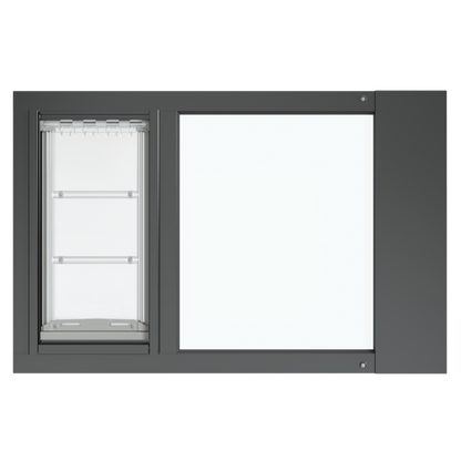A frontal view of the black Thermo Sash 3e window doggie door (though primarily for cats) ready for installation in a sash window