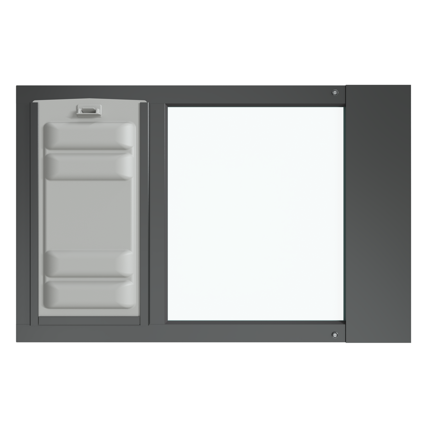 The black Thermo Sash 3e doggy door for window (suitable for cats) is shown from the front, featuring the Endura Flap, designed to fit seamlessly into a sash window