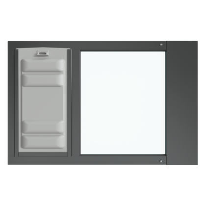 The black Thermo Sash 3e doggy door for window (suitable for cats) is shown from the front, featuring the Endura Flap, designed to fit seamlessly into a sash window