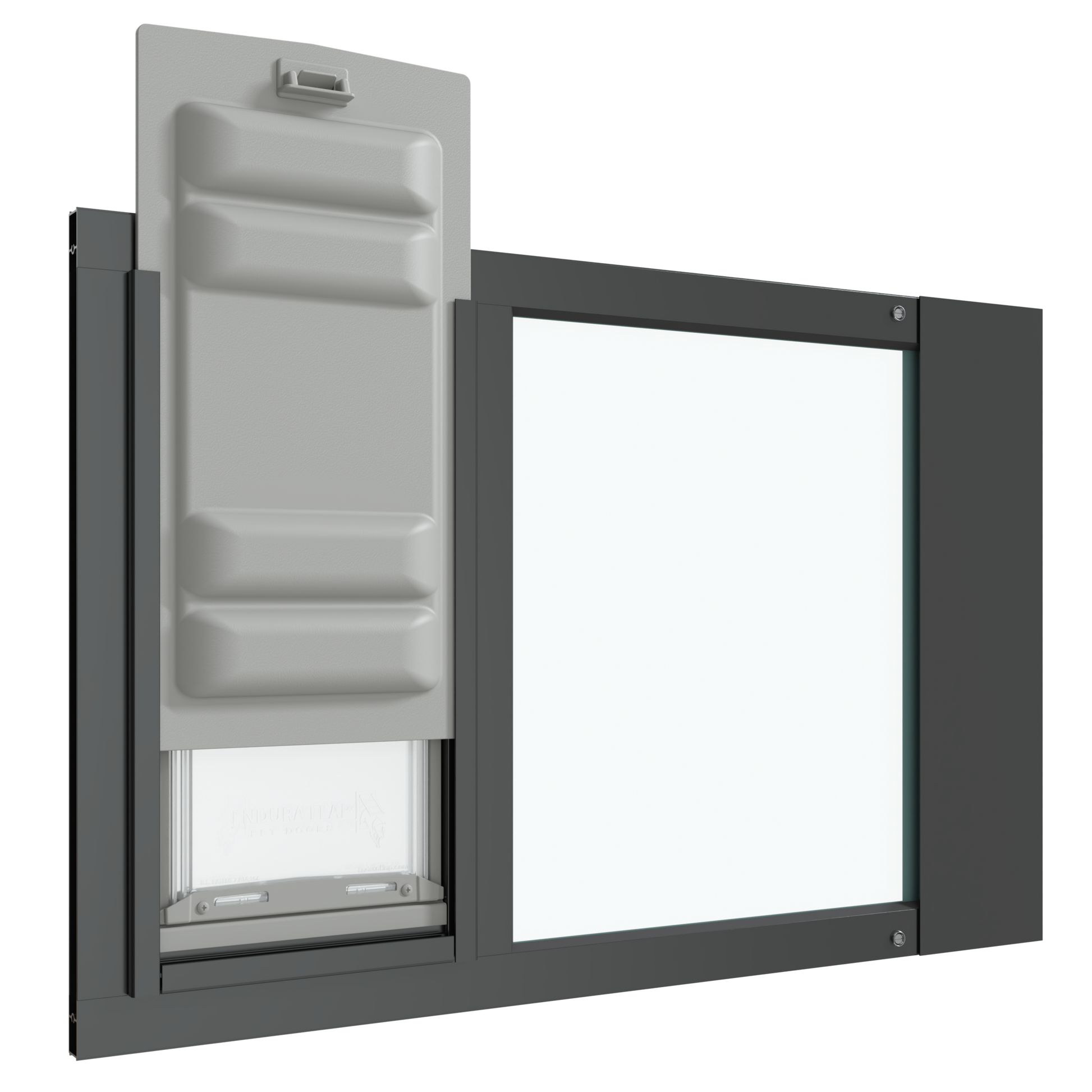 An angled view of the black Thermo Sash 3e cat window insert with the Endura Flap slightly raised, illustrating its use as a cat door in glass within a sash window
