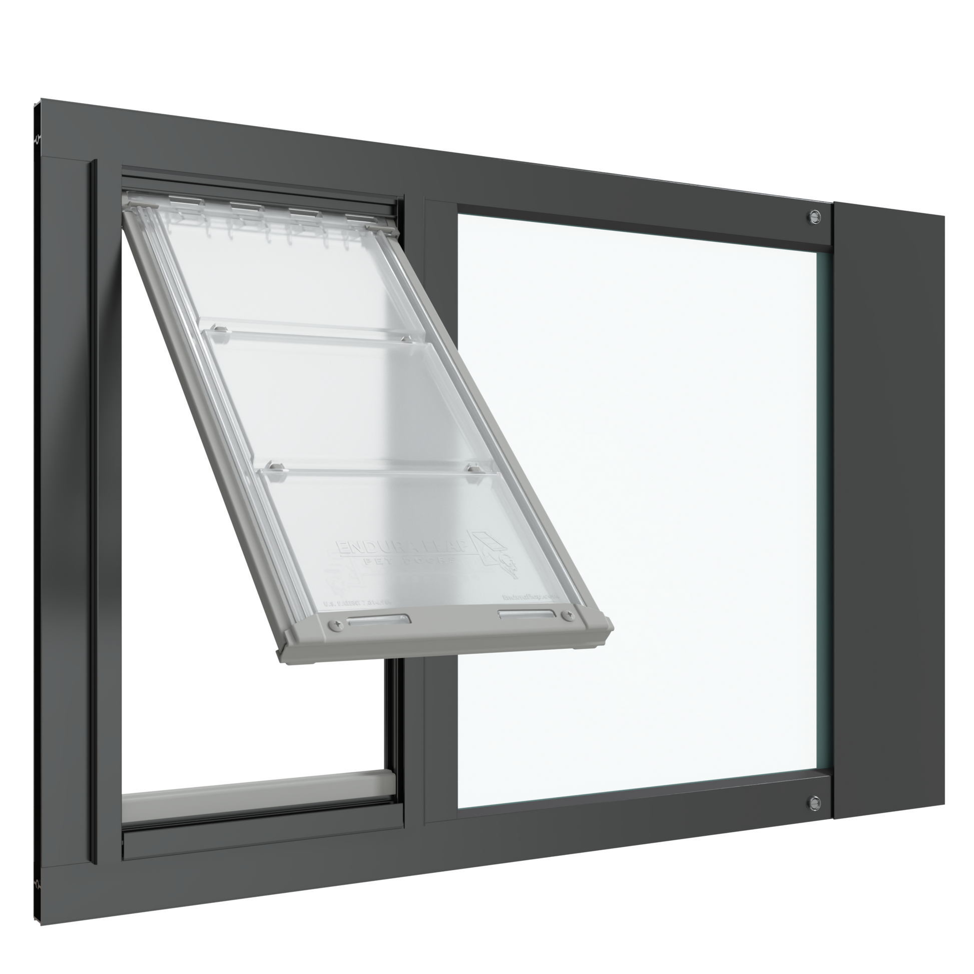 A black Thermo Sash 3e sash+window+pet+door is shown open within a sash window, providing easy access for your kitty door for window._Color_Black