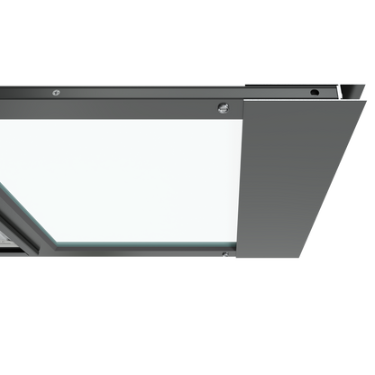 The top section of a black Thermo Sash 3e sash window pet door is shown closed in a window, illustrating its integration with the sash window frame