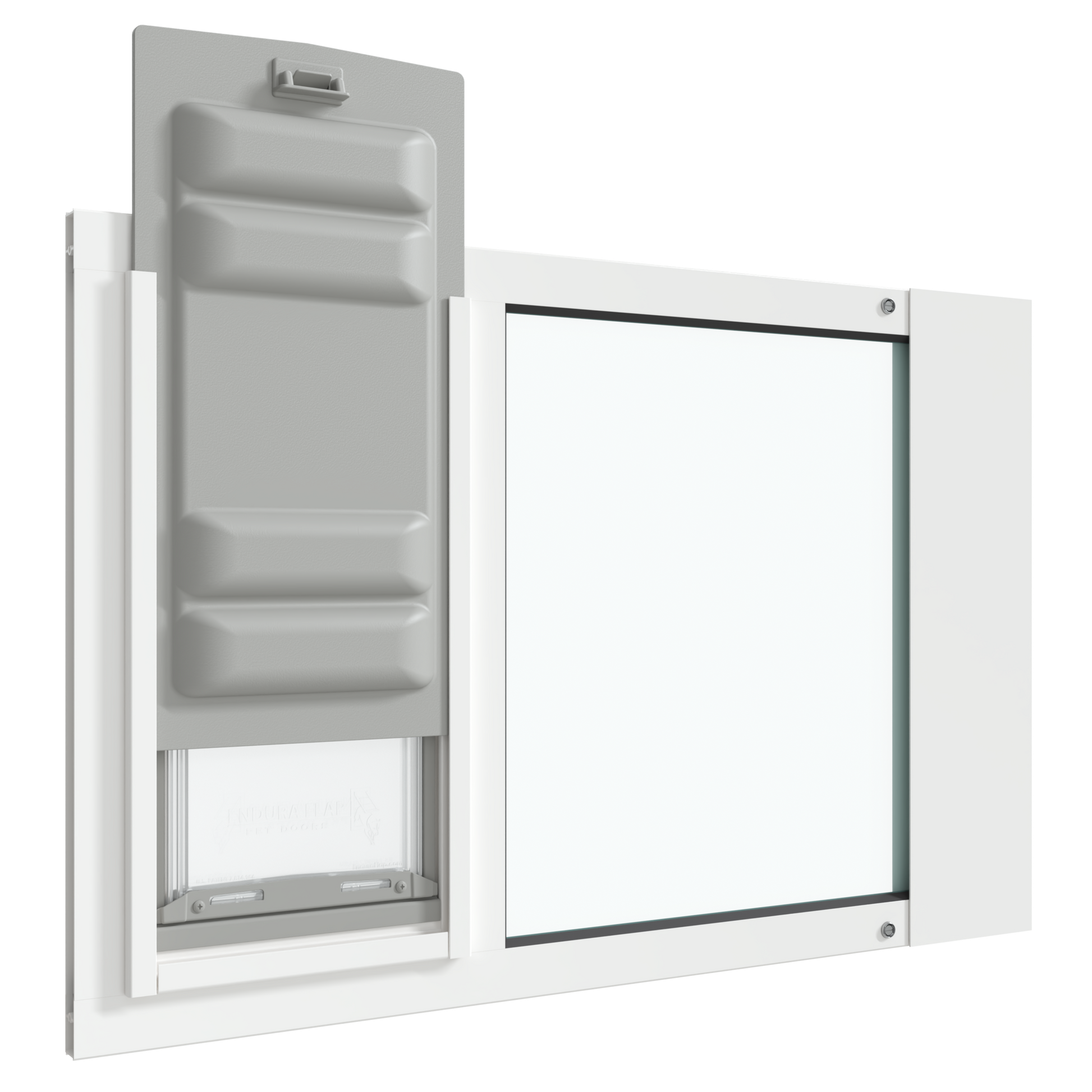 An angled view of the white Thermo Sash 3e cat doors installed in a sash window with the Endura Flap slightly raised