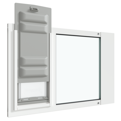 An angled view of the white Thermo Sash 3e cat doors installed in a sash window with the Endura Flap slightly raised