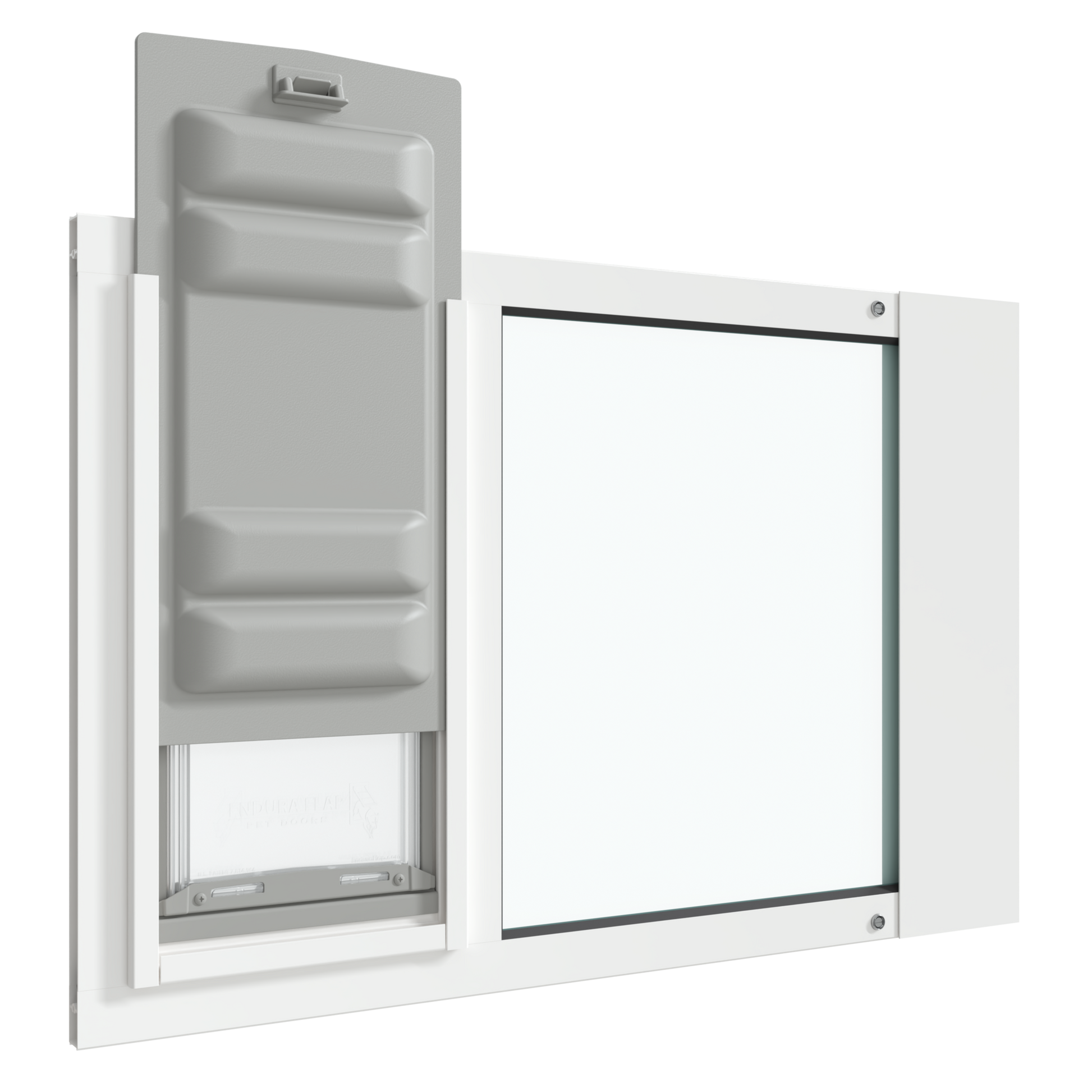An angled view of the white Thermo Sash 3e sash window cat door with the Endura Flap slightly raised, illustrating its use as a cat door in window.