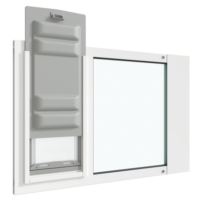 An angled view of the white Thermo Sash 3e sash window cat door with the Endura Flap slightly raised, illustrating its use as a cat door in window.