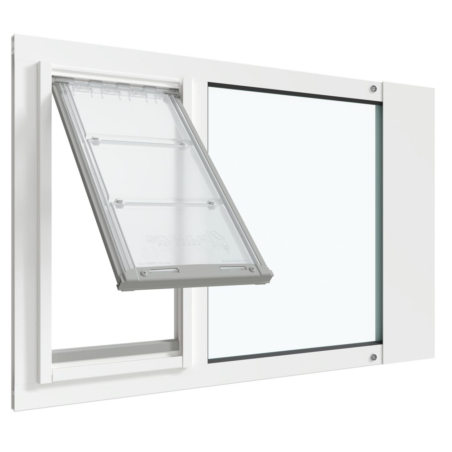 A white Thermo Sash 3e cat door for window is shown open, installed in a sash window. This window cat door is an adjustable cat door for window and acts as a secure cat door window insert.._Color_White
