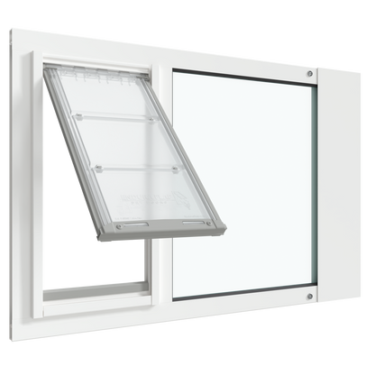 A white Thermo Sash 3e cat door for window is shown open, installed in a sash window. This window cat door is an adjustable cat door for window and acts as a secure cat door window insert.._Color_White