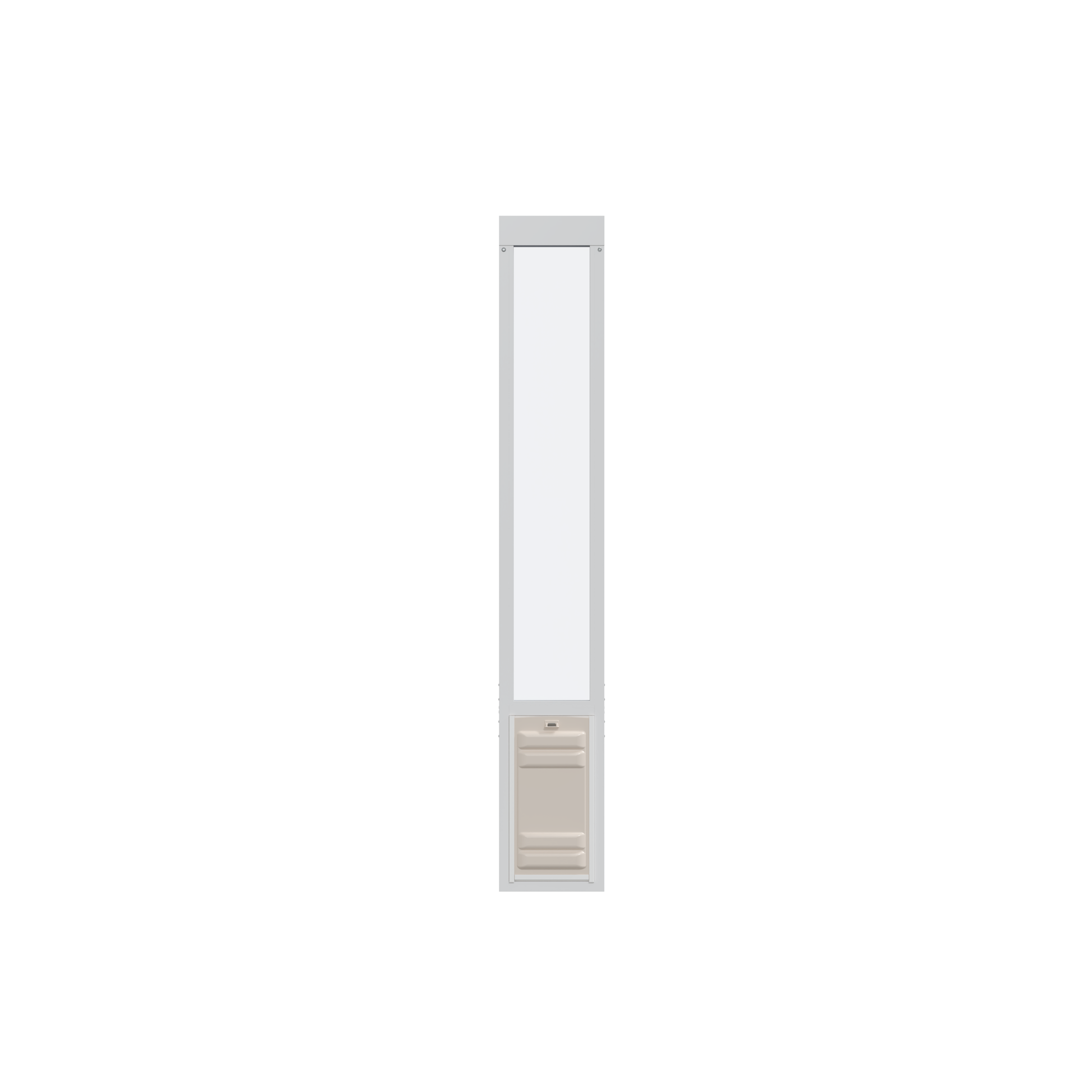 A white sliding glass door insert with a pet door.