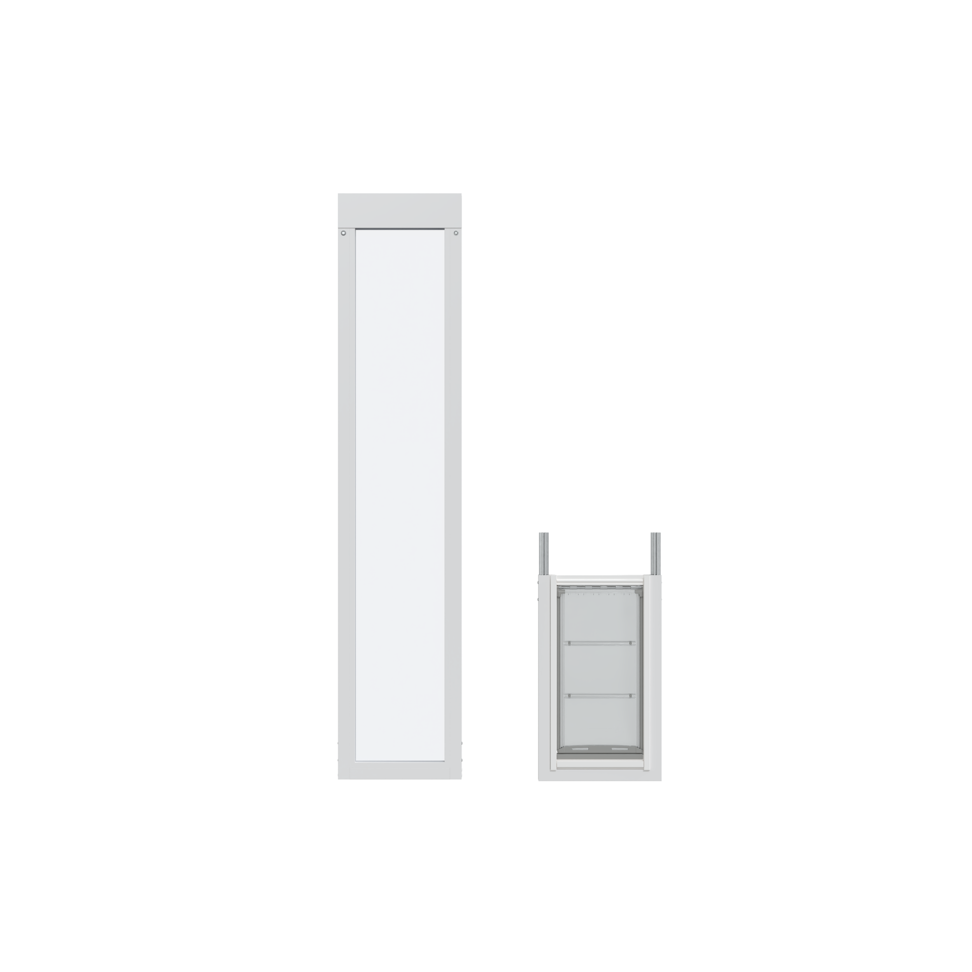 Two white panels, one long and vertical, the other smaller and more square, against a white background.