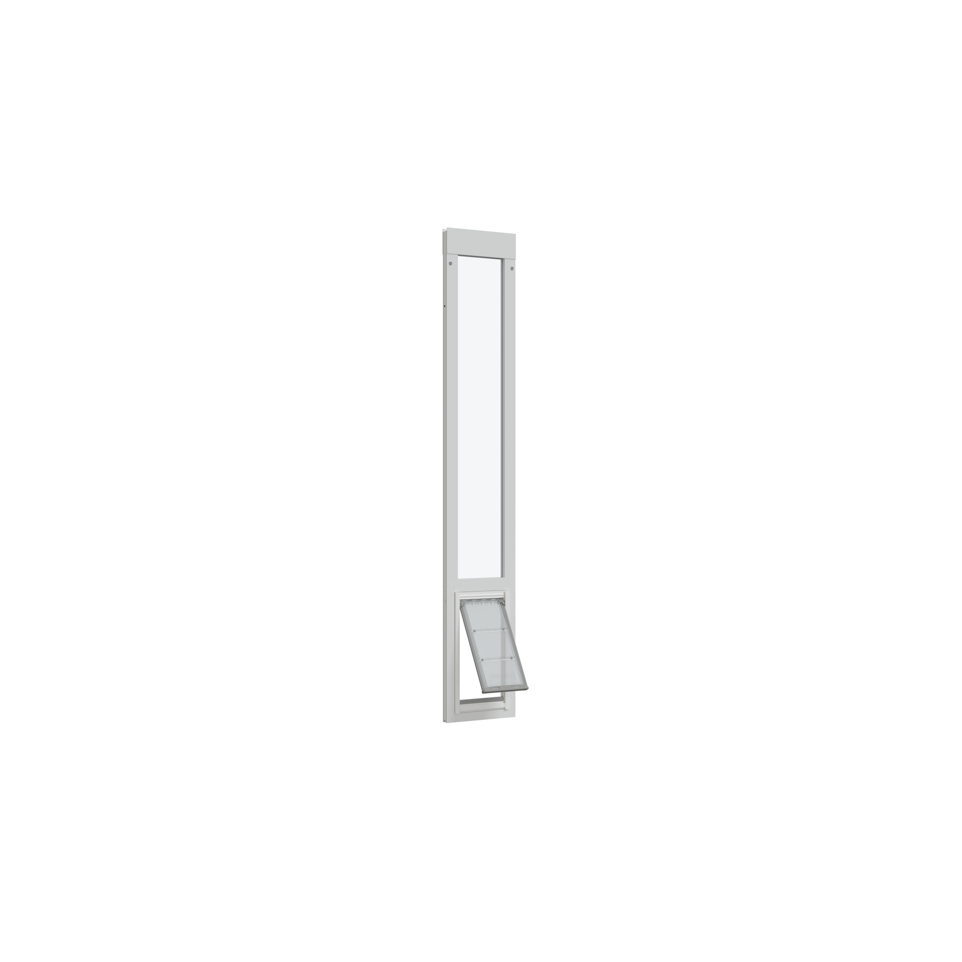 A sliding glass door insert with a pet door is shown.