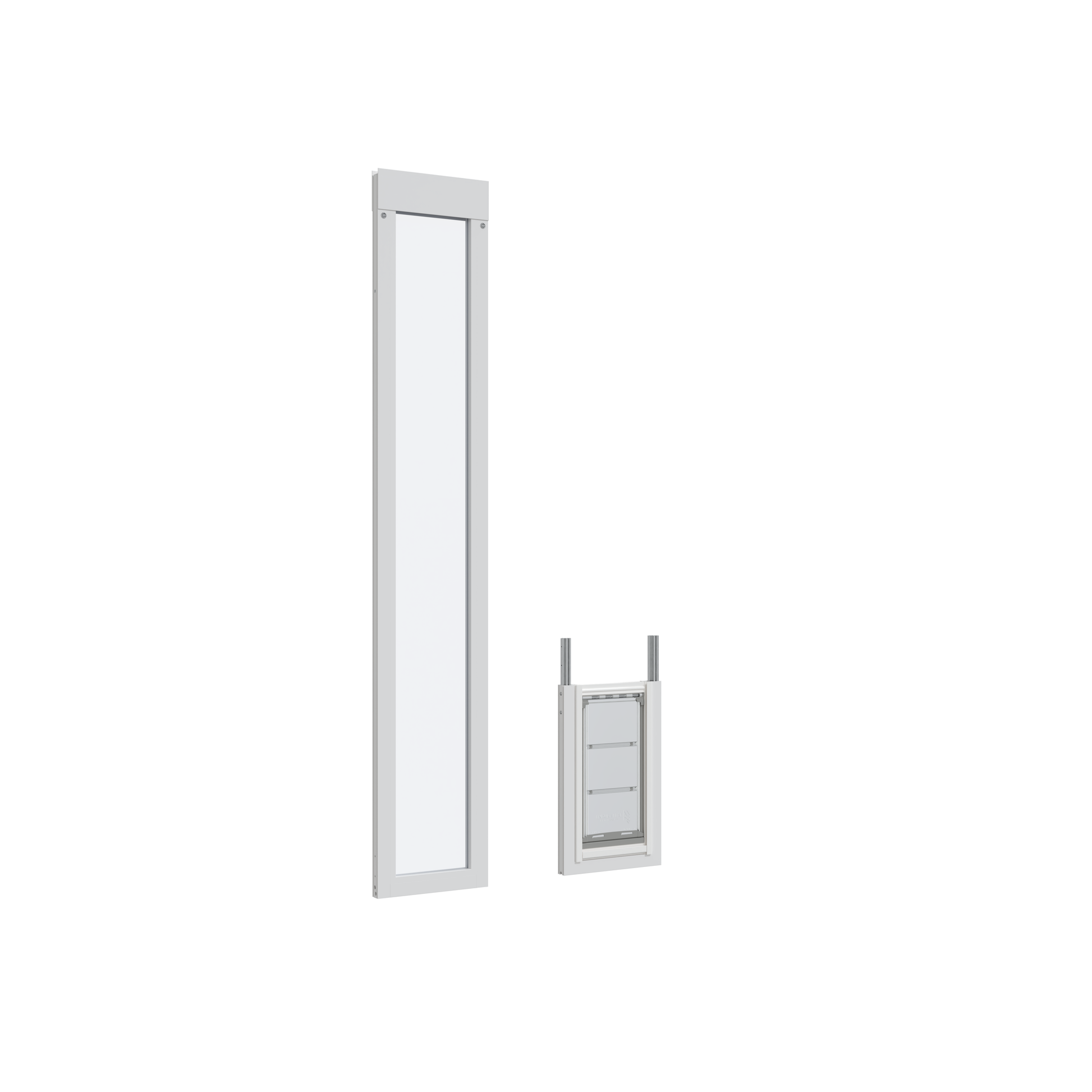 A white patio door insert and pet door frame are on a white background.