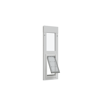 White pet door with open flap.