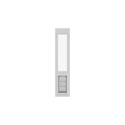 White frame with a glass panel and a lower pet door.