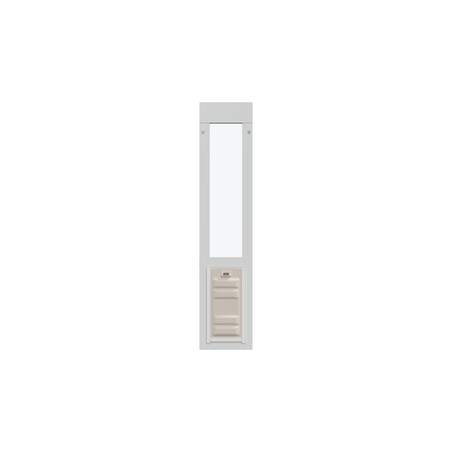 White frame with a clear window above a beige-colored pet door.