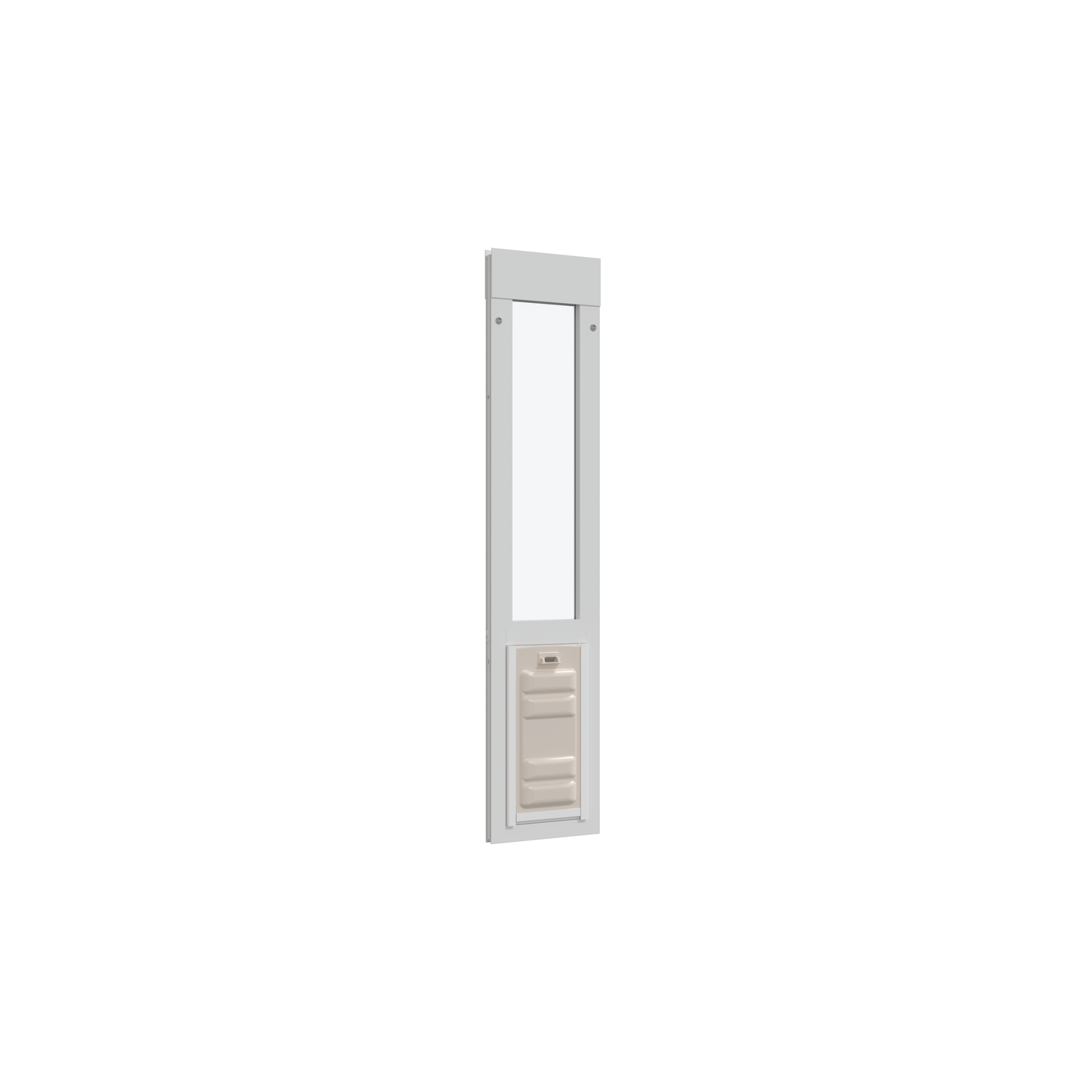 A white and beige dog door insert for a sliding glass door.