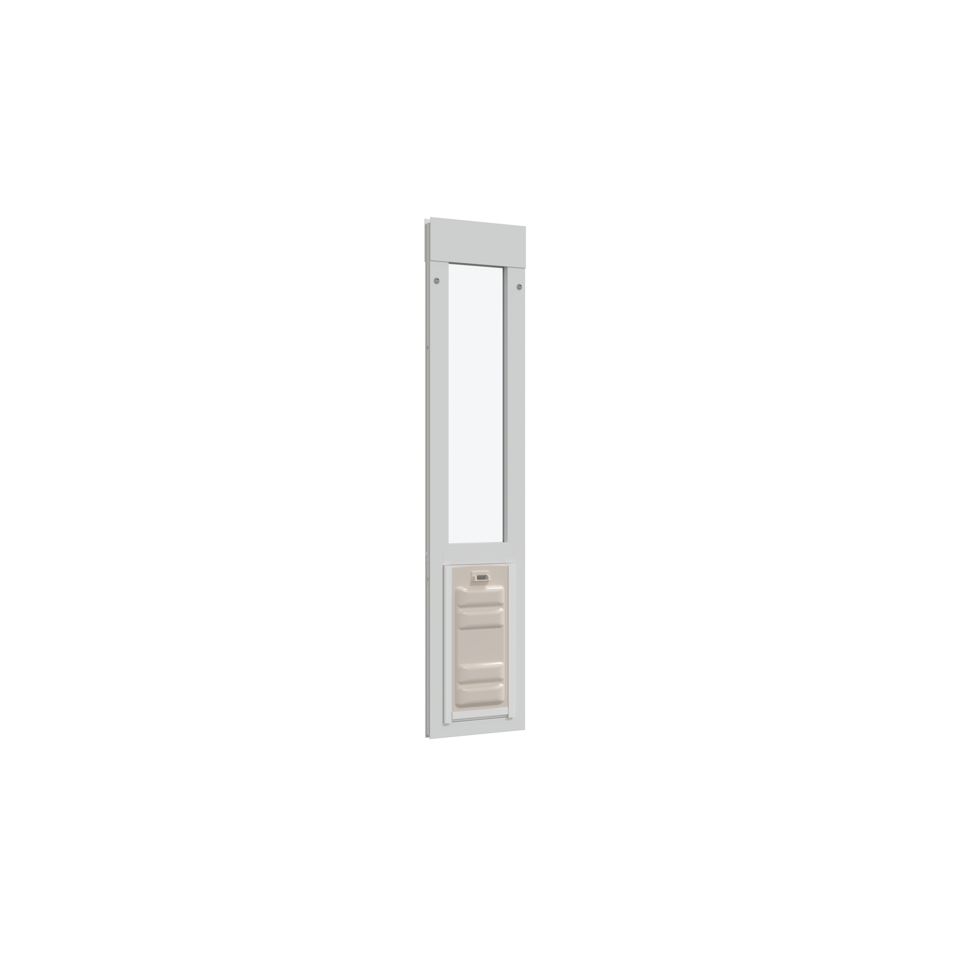 A white and beige dog door insert for a sliding glass door.