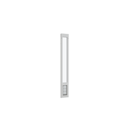 A sliding glass door insert with a pet door.