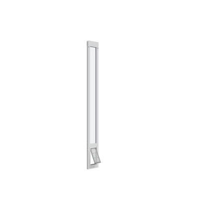 A white sliding glass door insert with a pet door.