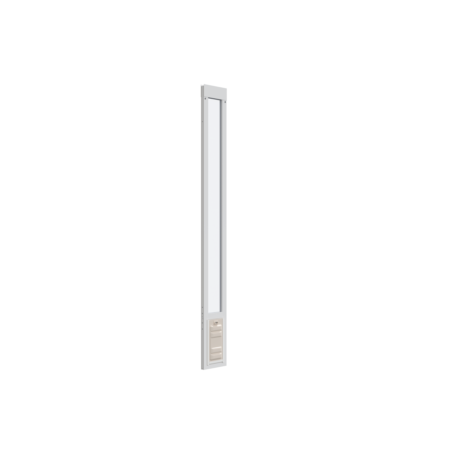 A white-framed sliding glass door insert for pets.