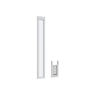 A vertical, rectangular window and a smaller rectangular object with rods stand on a white background.