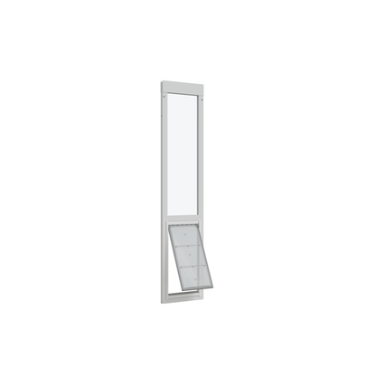 White frame with transparent top and partially open pet door.