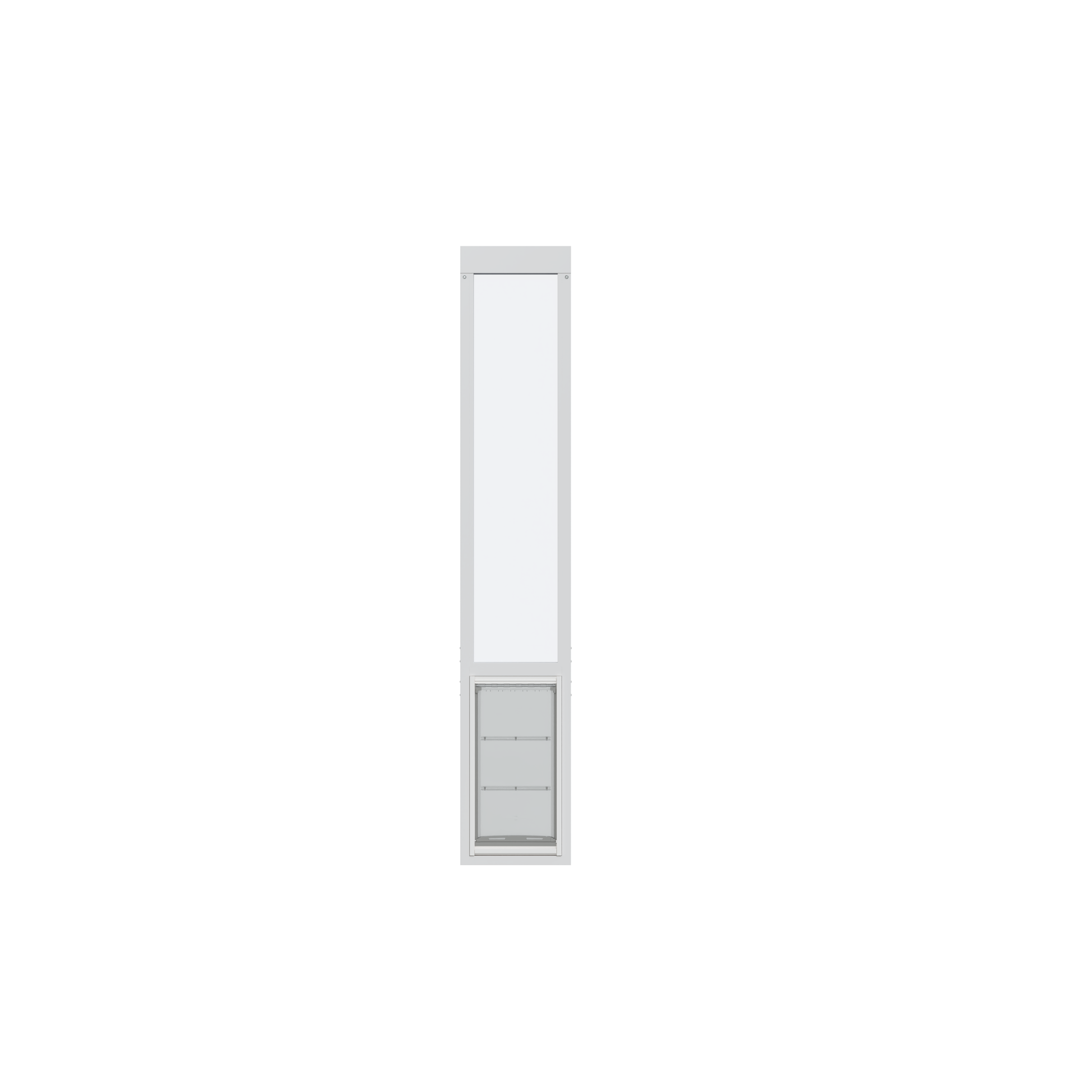 White framed dog door with a clear flap.