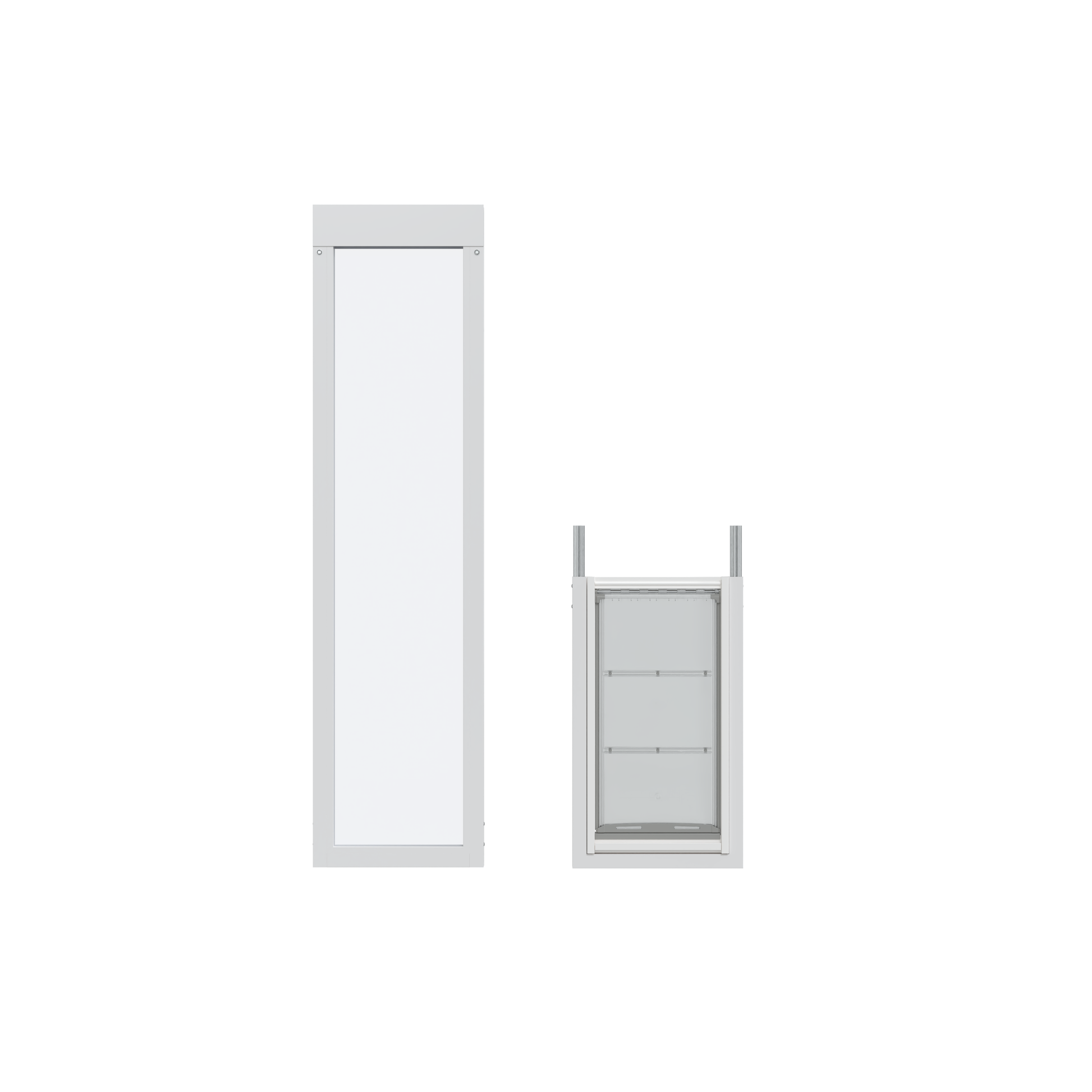 Two white and silver framed panels, one tall and one shorter, are on a white background.