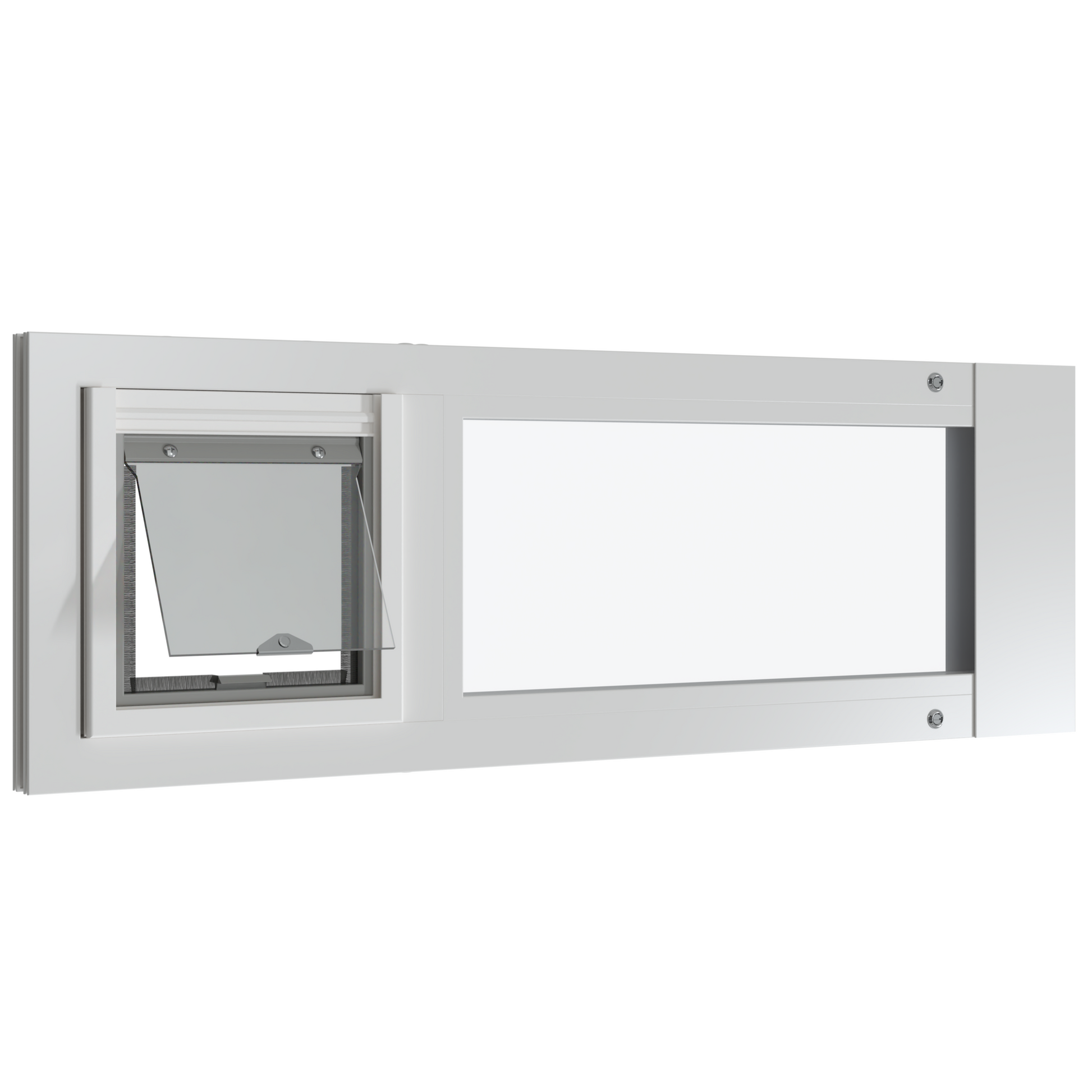 White window with an integrated pet door.