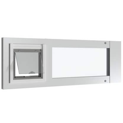White window with an integrated pet door.