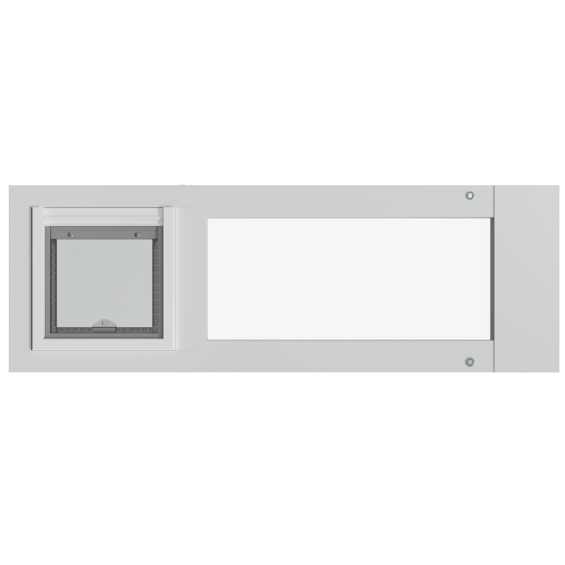 White framed window with a pet door.