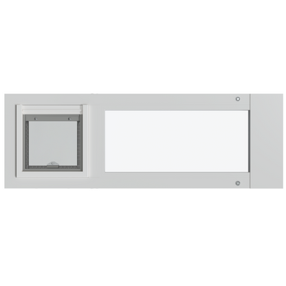 White framed window with a pet door.