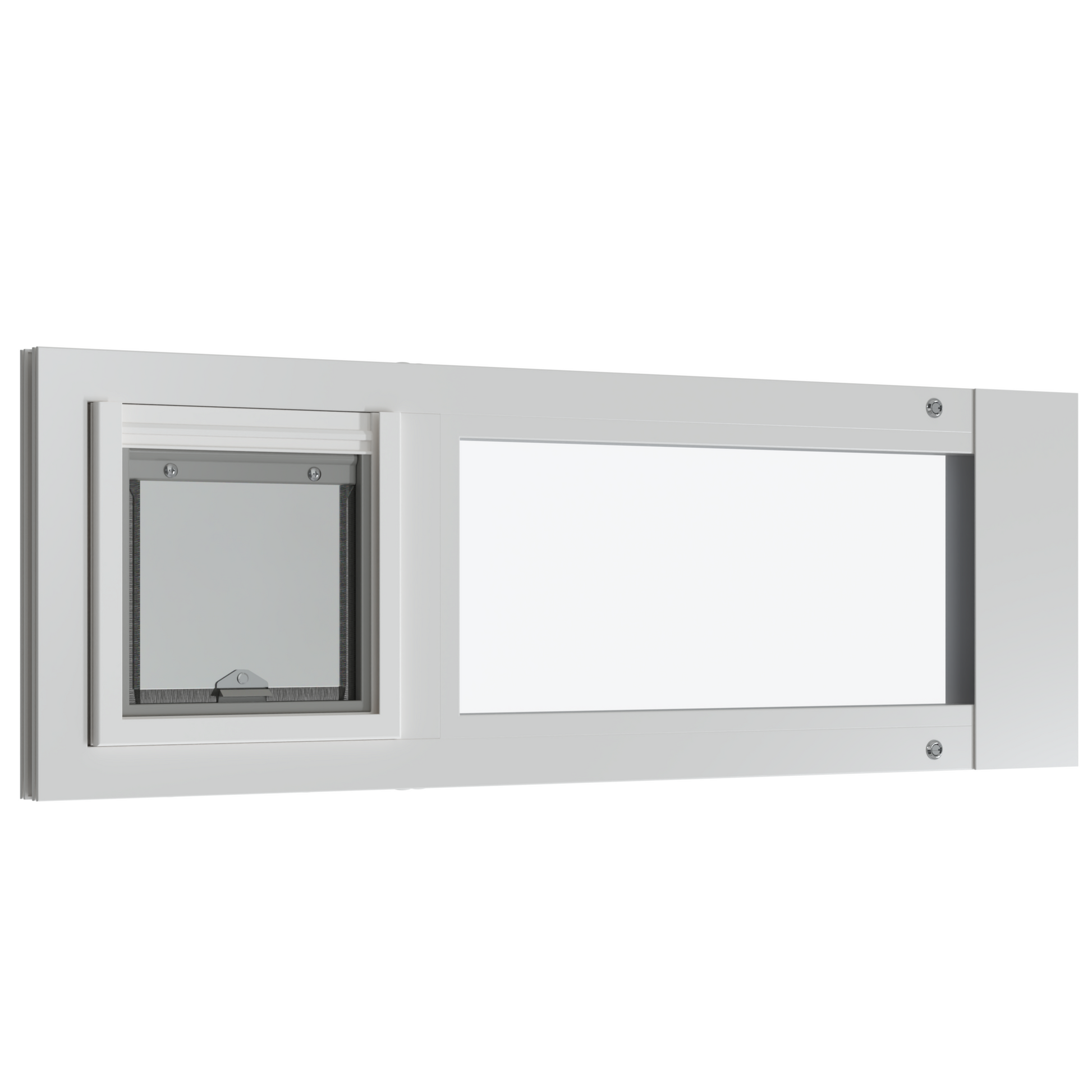 White window with a pet door installed.