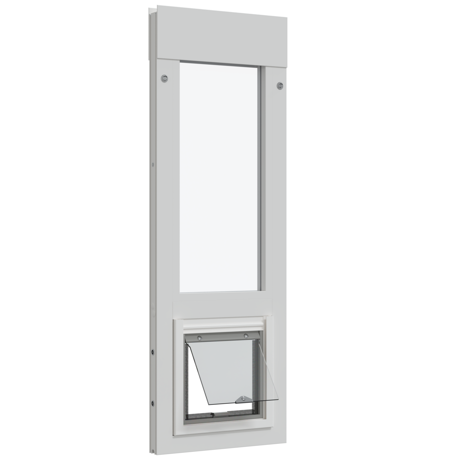 White framed sliding glass door insert with an open pet door.