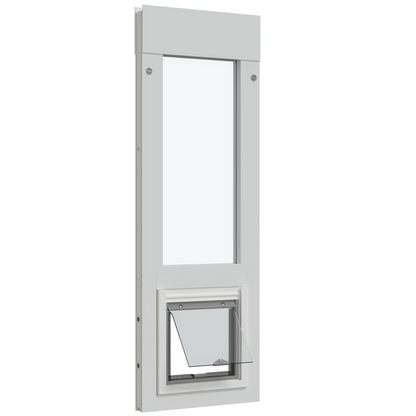 White framed sliding glass door insert with an open pet door.
