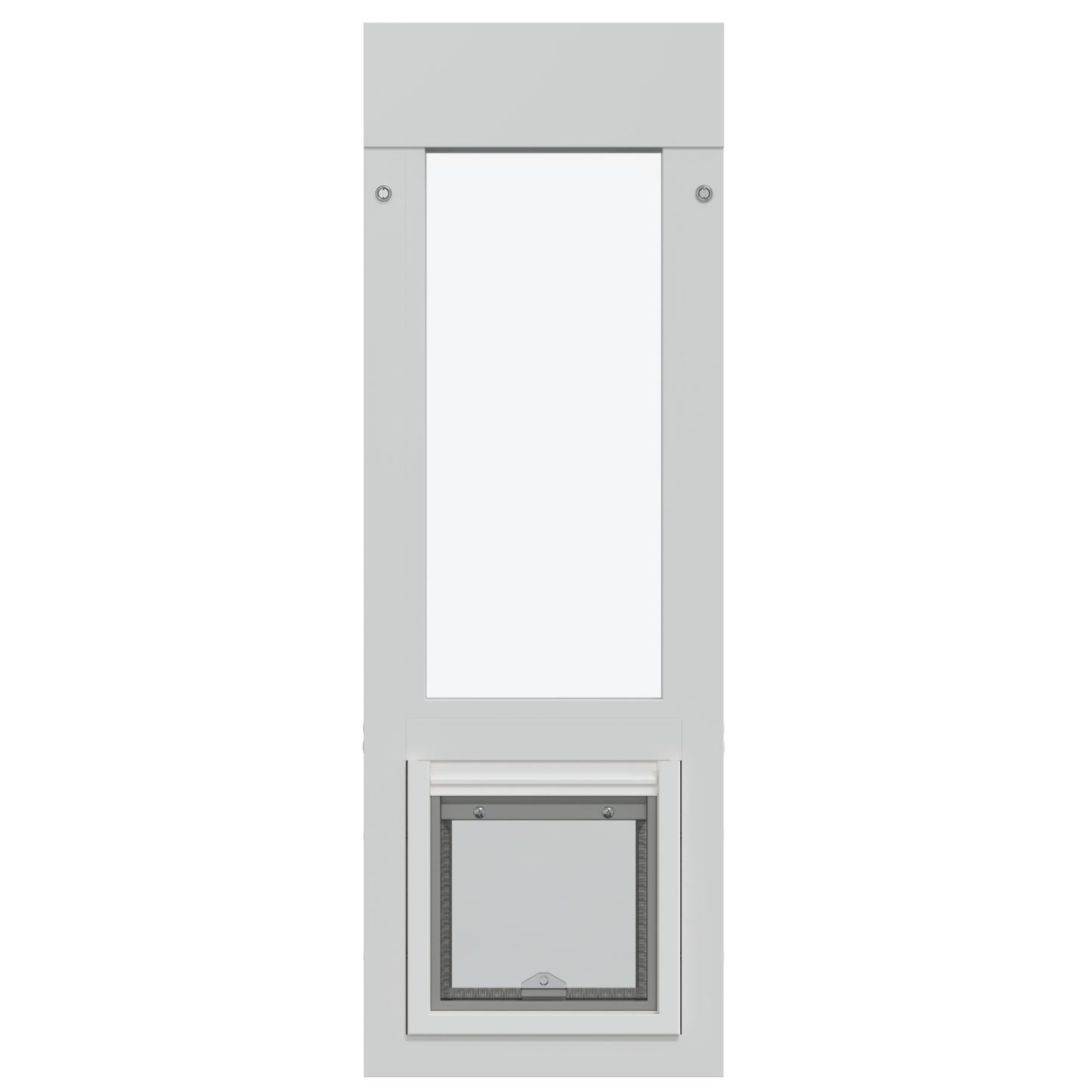 White-framed sliding glass door insert with a dog door.