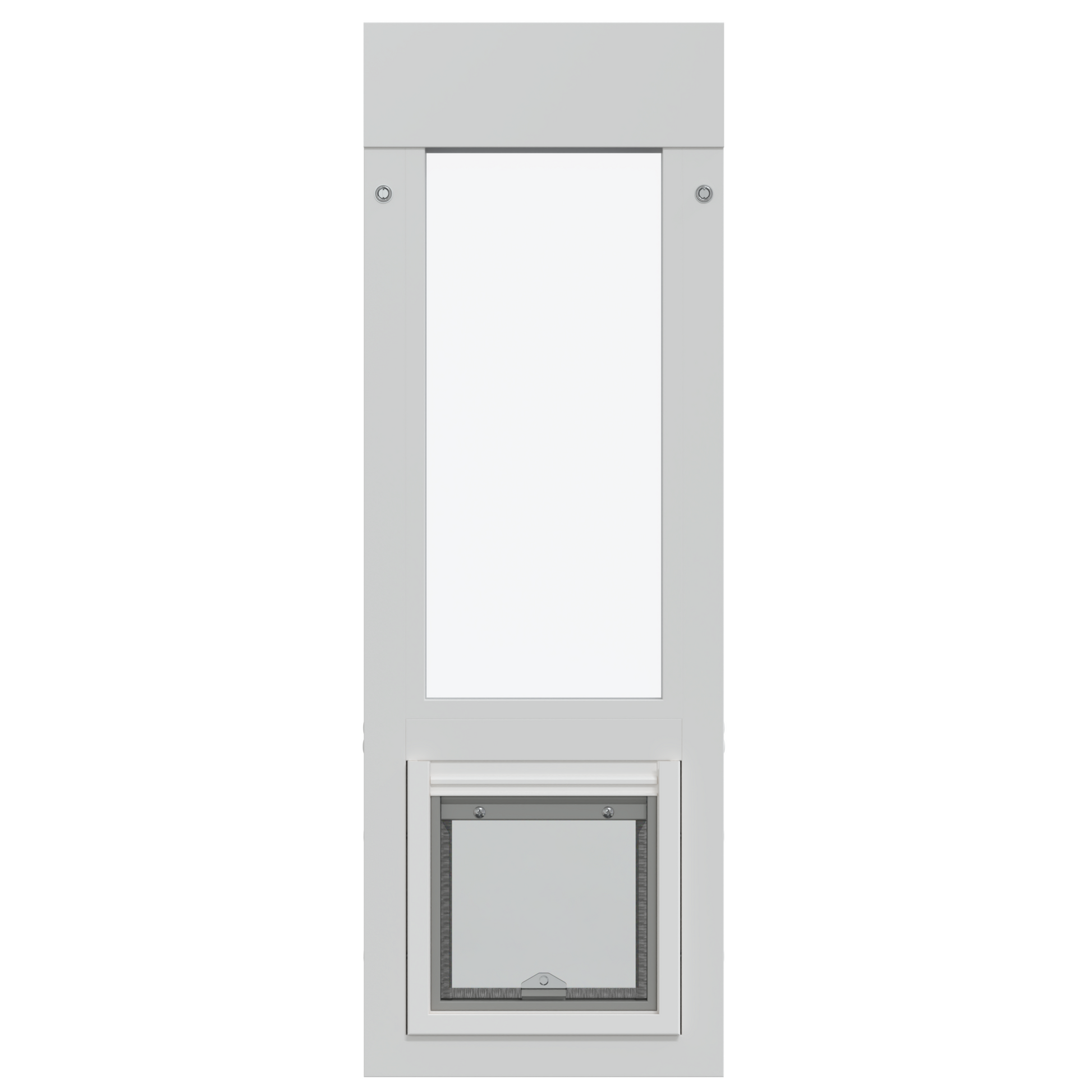 White-framed sliding glass door insert with a dog door.