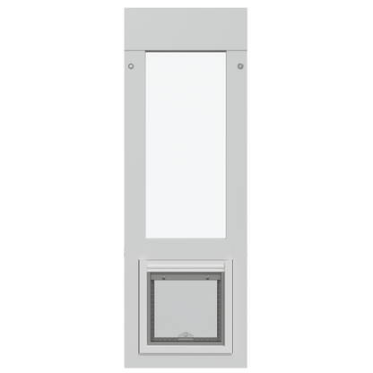 White-framed sliding glass door insert with a dog door.