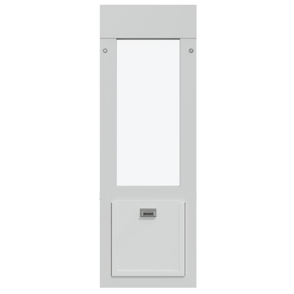 A white cabinet with a clear display window and a lower drawer.