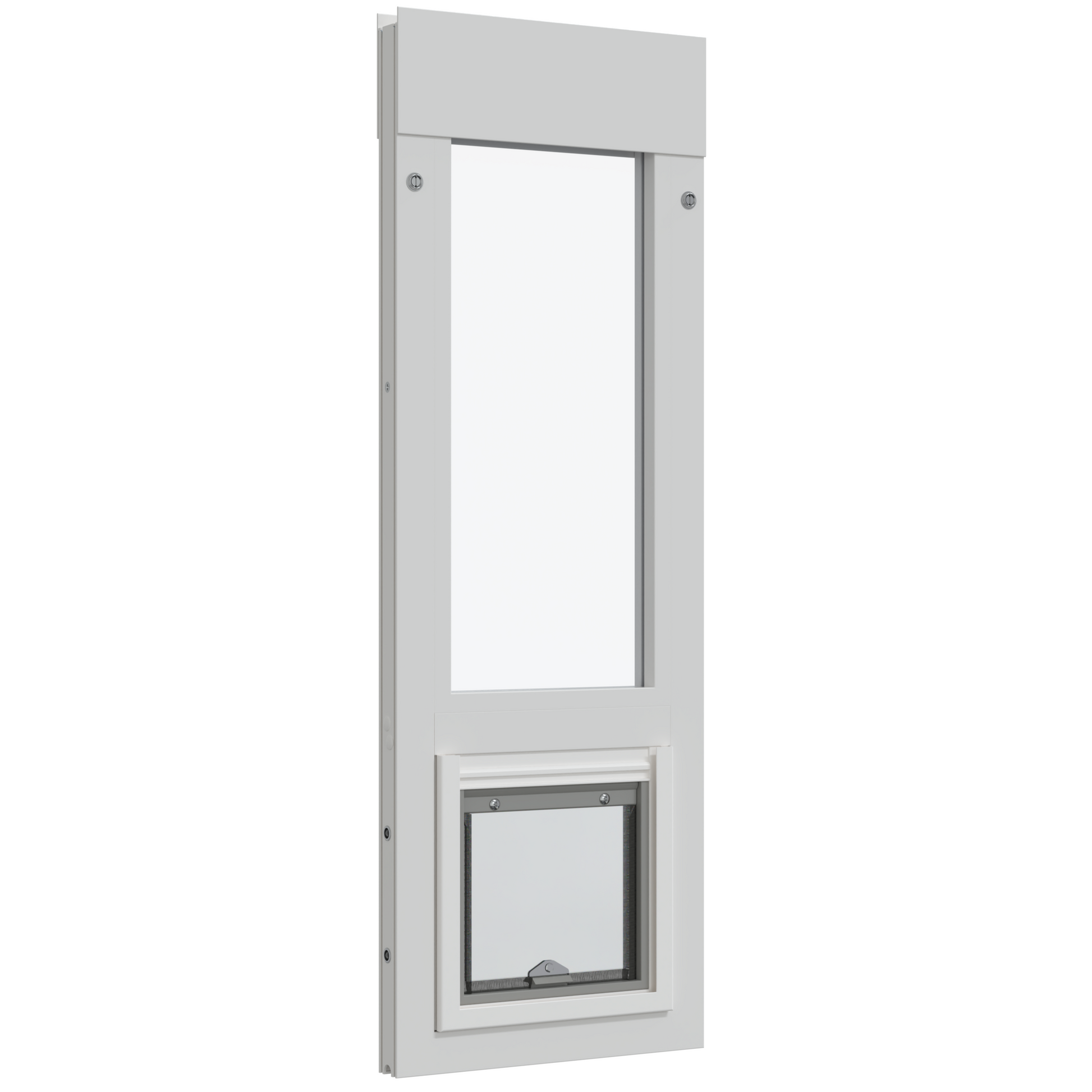 A white dog door panel insert with a window.