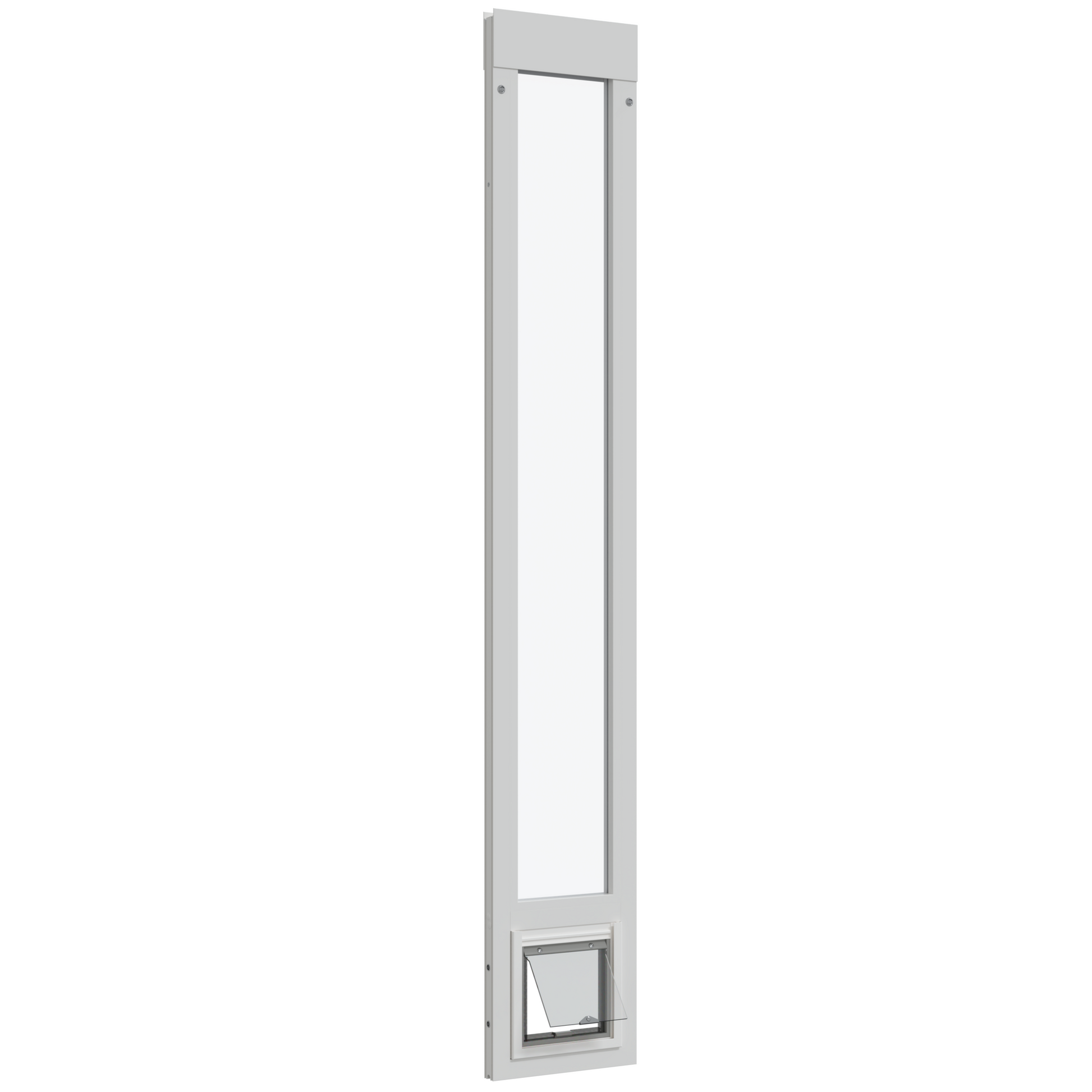 White sliding glass door insert with a pet door.