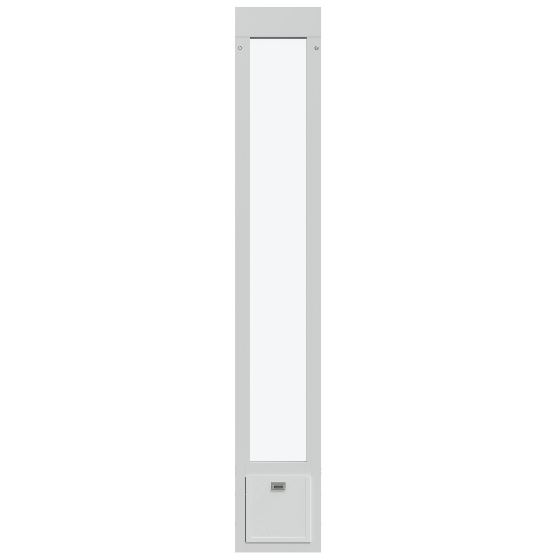 White cabinet with a rectangular glass insert.