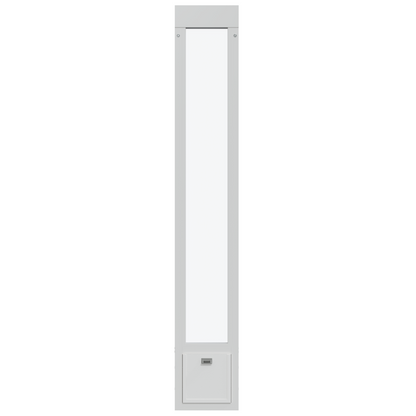 White rectangular object with a transparent center and a small drawer at the bottom.